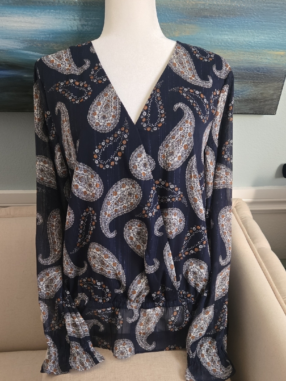 Blue paisley v-neck blouse